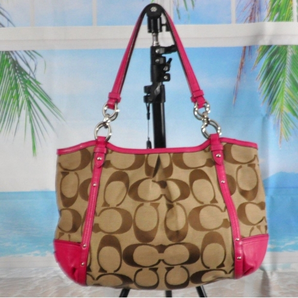 Coach Alexandra F20807 Canvas & Leather Signature Shoulder Bag, Beige w/ Pink - Picture 1 of 14